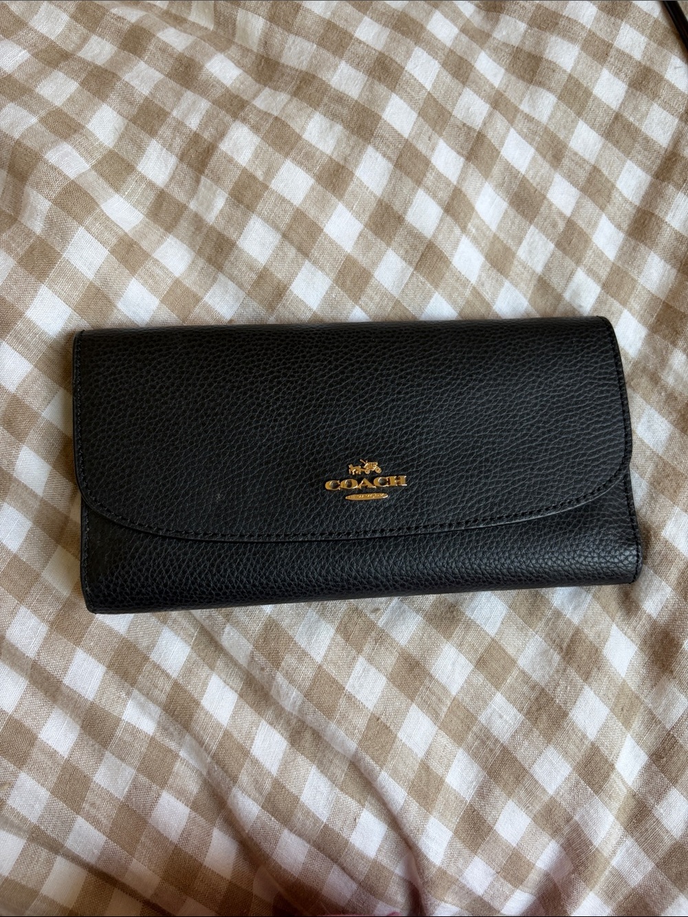 Coach Black Pebbled Leather Flap Wallet with Gold Logo
